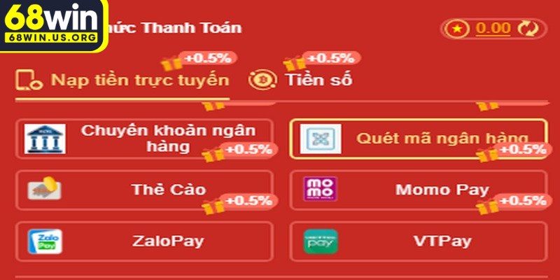 Các phương thức nạp tiền 68WIN phổ biến, linh hoạt, tiện lợi